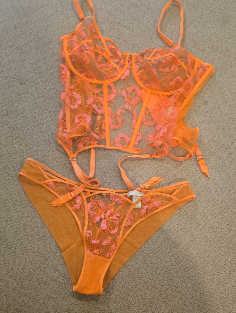Honey Birdette Orange Sheer Bustier & Bikini Set with Pink Floral Embroidery